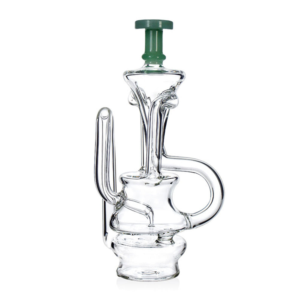 Front view of Phoenix Star recycler Puffco Peak Pro glass attachment with blue mouthpiece accents, available at Fat Ass Glass for an easy upgrade.