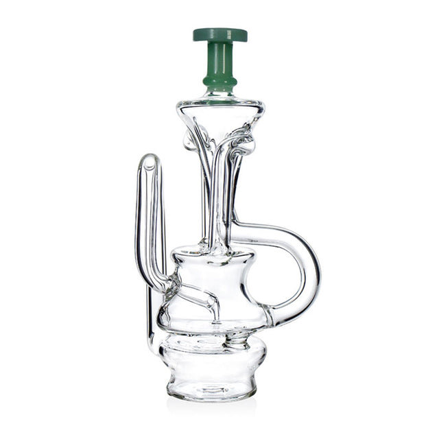 Front view of Phoenix Star recycler Puffco Peak Pro glass attachment with blue mouthpiece accents, available at Fat Ass Glass for an easy upgrade.