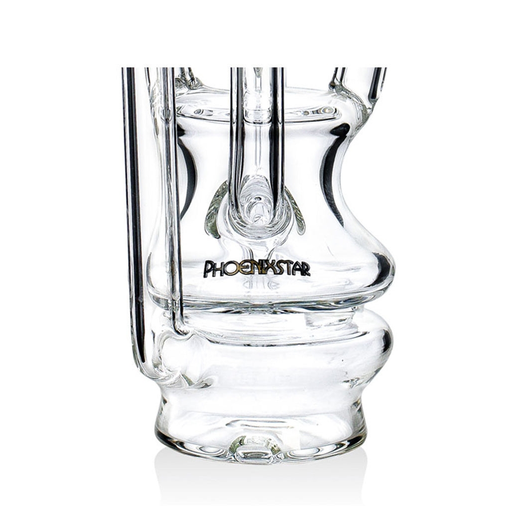 Close up of the Phoenix Star logo and recycler chamber on the Puffco Peak Pro glass attachment in blue, sold by Fat Ass Glass.