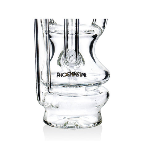 Close up of the Phoenix Star logo and recycler chamber on the Puffco Peak Pro glass attachment in blue, sold by Fat Ass Glass.