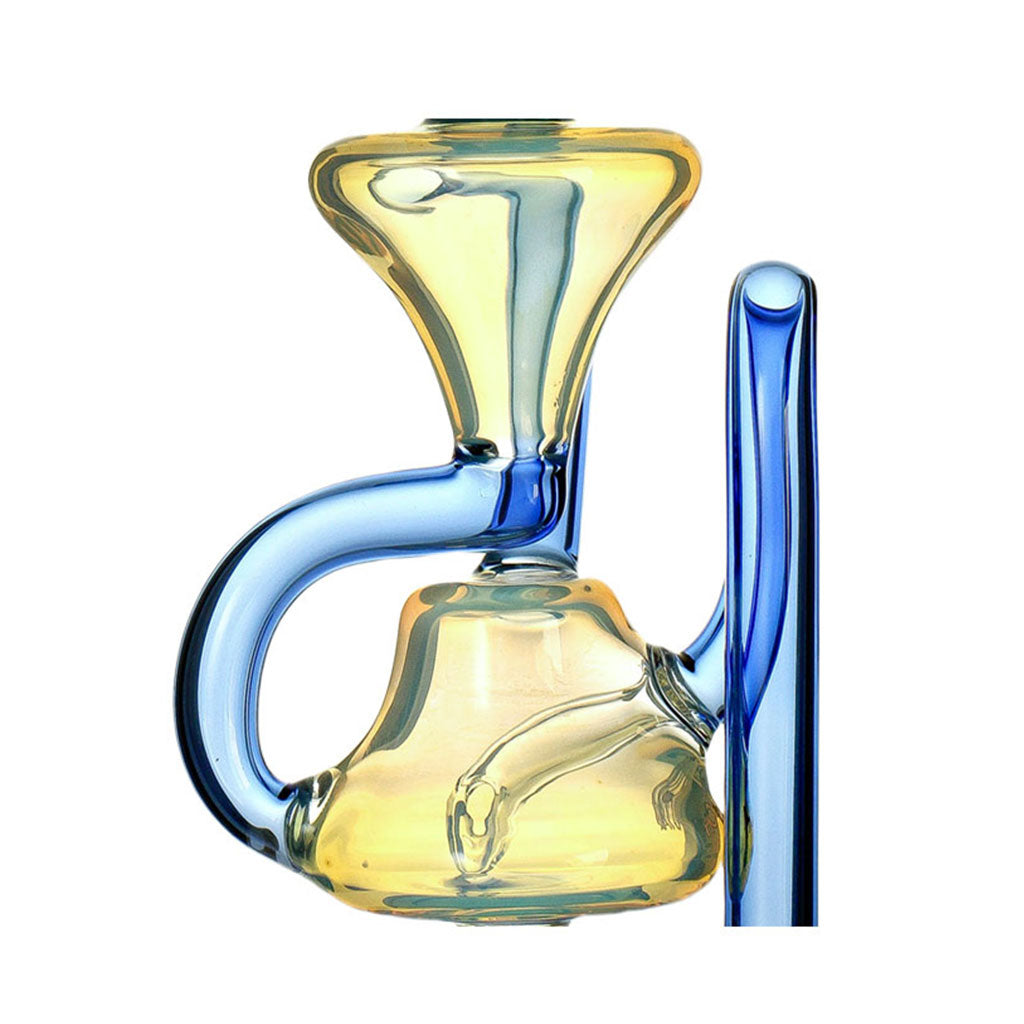 Close view of the Phoenix Star silver fumed Puffco Peak Pro recycler glass in blue tones, available at Fat Ass Glass for an easy upgrade.