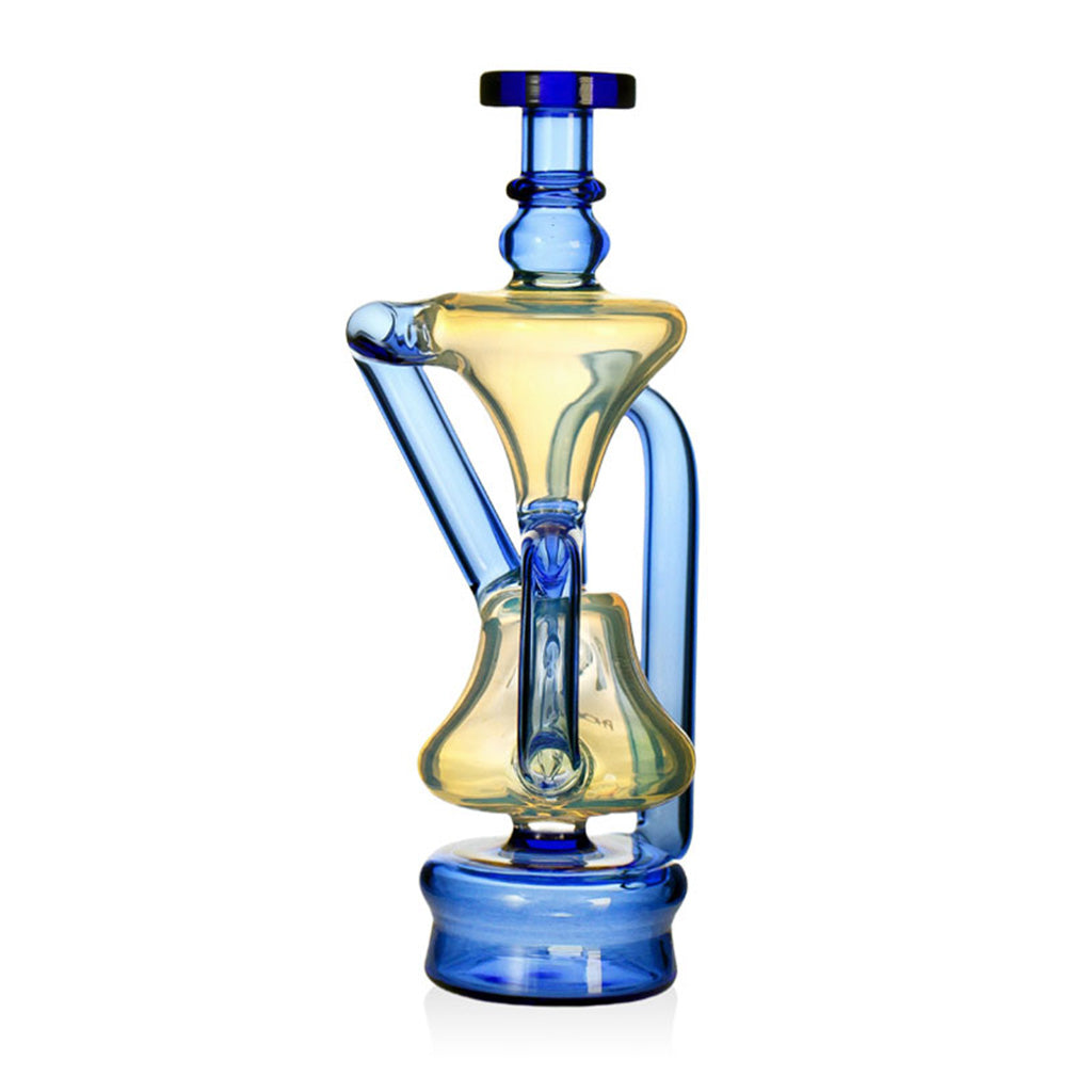 Full shot of the Phoenix Star silver fumed recycler attachment for Puffco Peak Pro in blue glass, ready to buy online from Fat Ass Glass.