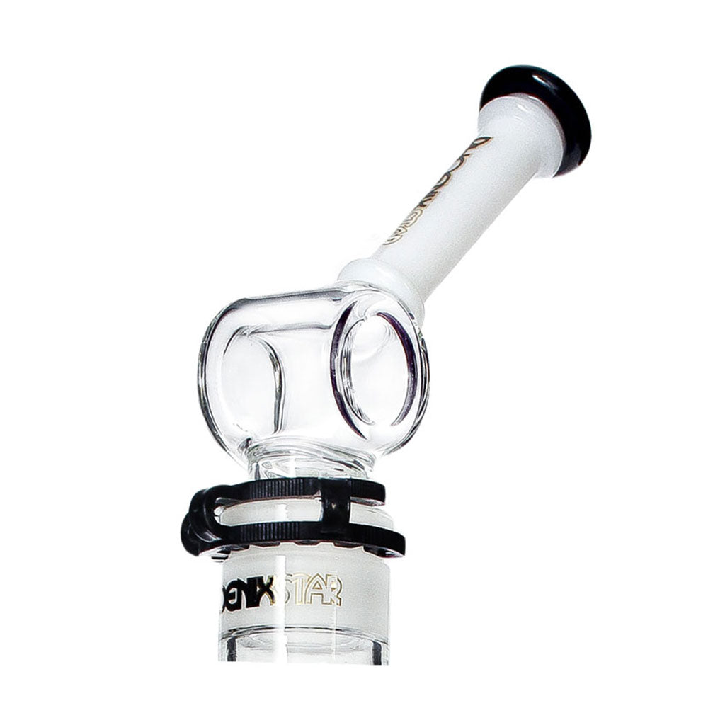 Close-up of Phoenix Star modular triple stack bong mouthpiece and joint clamp in black, premium glass from Fat Ass Glass