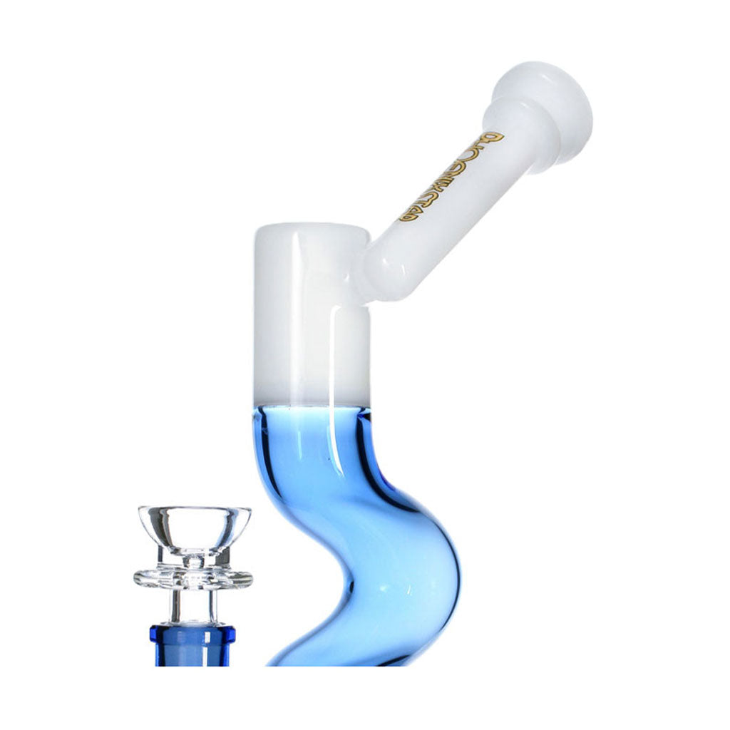 Close view of the Phoenix Star Zig Zag inline perc bong in blue and white glass with an angled mouthpiece, available at Fat Ass Glass for sale. 