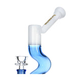 Close view of the Phoenix Star Zig Zag inline perc bong in blue and white glass with an angled mouthpiece, available at Fat Ass Glass for sale. 