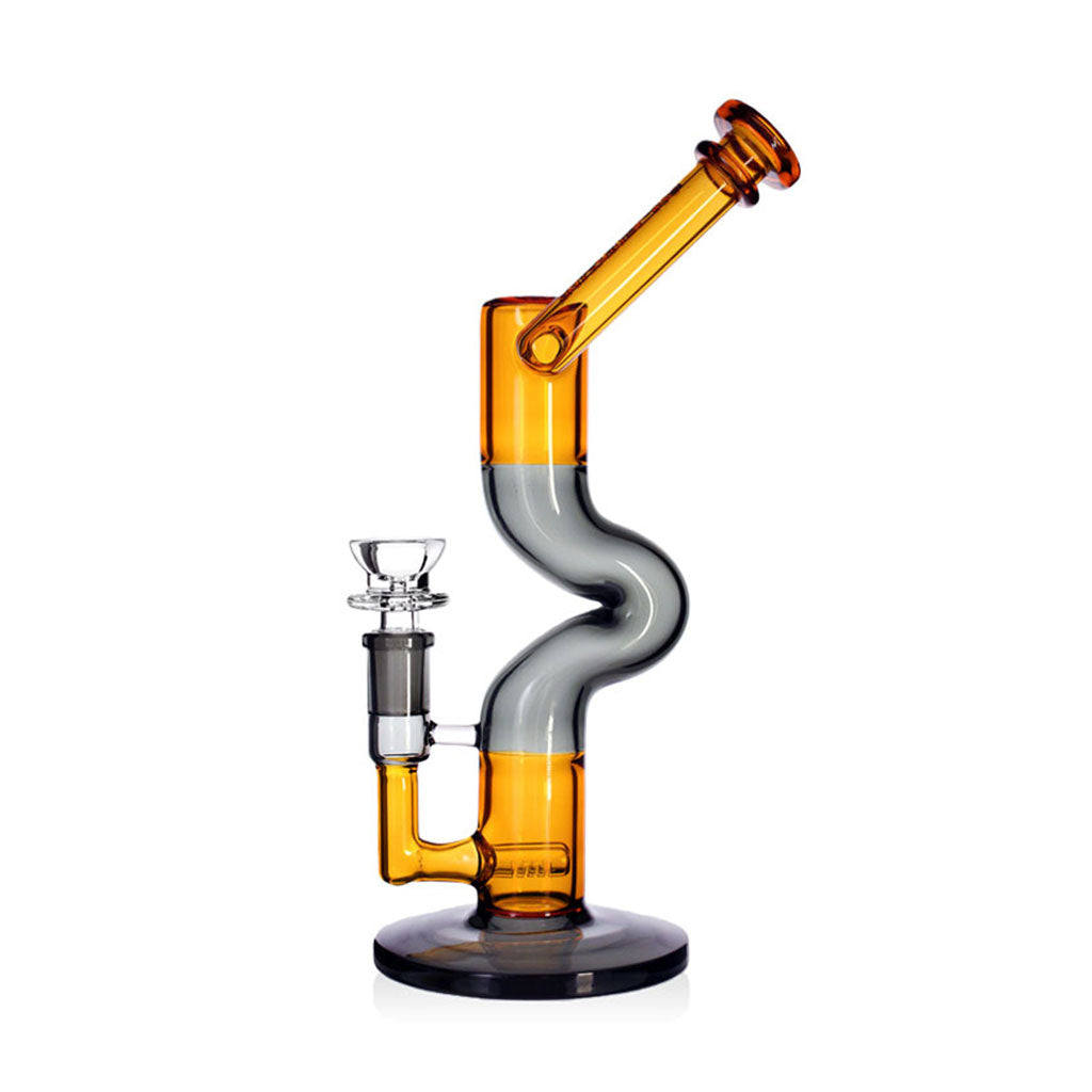 Close up of the inline perc and base on the gray and amber Phoenix Star Zig Zag bong, highlighting smooth diffusion for shoppers on Fat Ass Glass. 