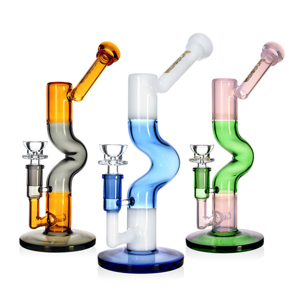 Lineup of Phoenix Star Zig Zag inline perc glass bongs in gray amber, blue white and green pink colorways, all for sale at Fat Ass Glass.