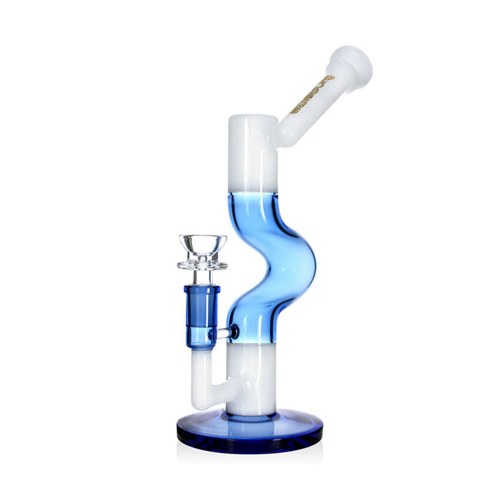 Full view of Phoenix Star Zig Zag inline perc glass bong in blue and white, ready to buy online from  Fat Ass Glass .