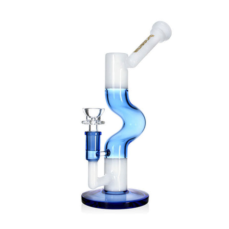Full view of Phoenix Star Zig Zag inline perc glass bong in blue and white, ready to buy online from  Fat Ass Glass .