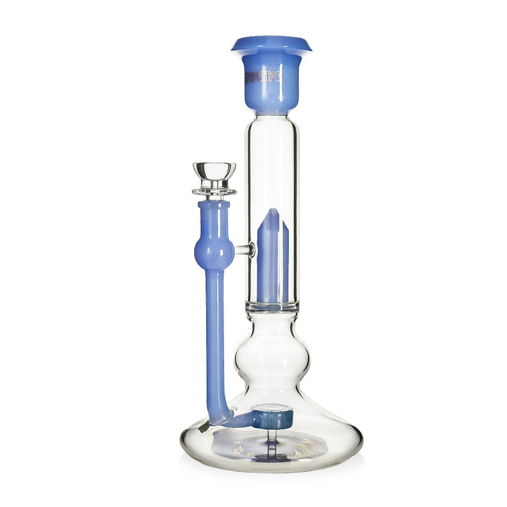 Phoenix Star 11 inch straight tube bong with bell flared mouthpiece, blue accents, and a showerhead perc