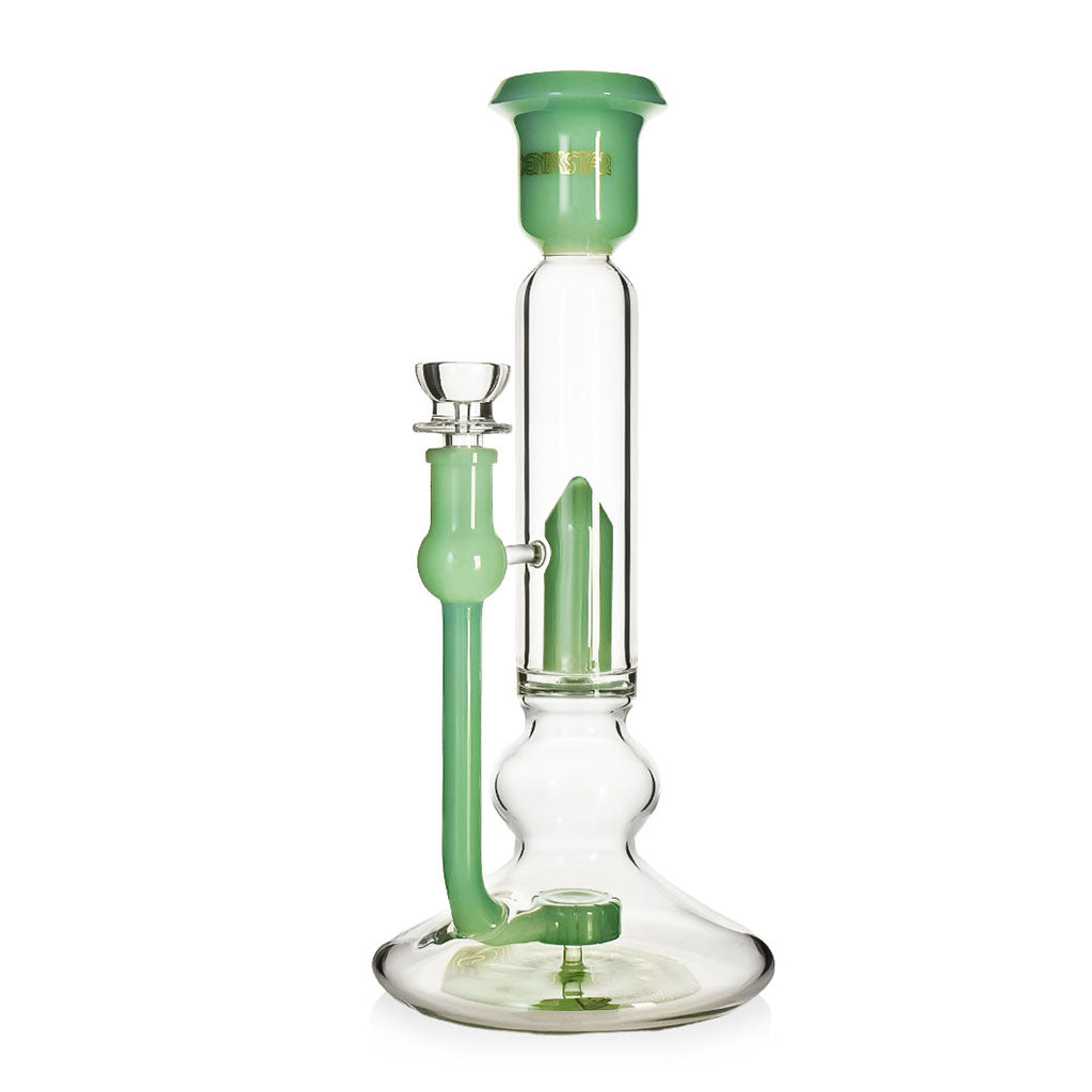 Phoenix Star 11 inch straight tube bong with bell flared mouthpiece, green accents & a showerhead perc