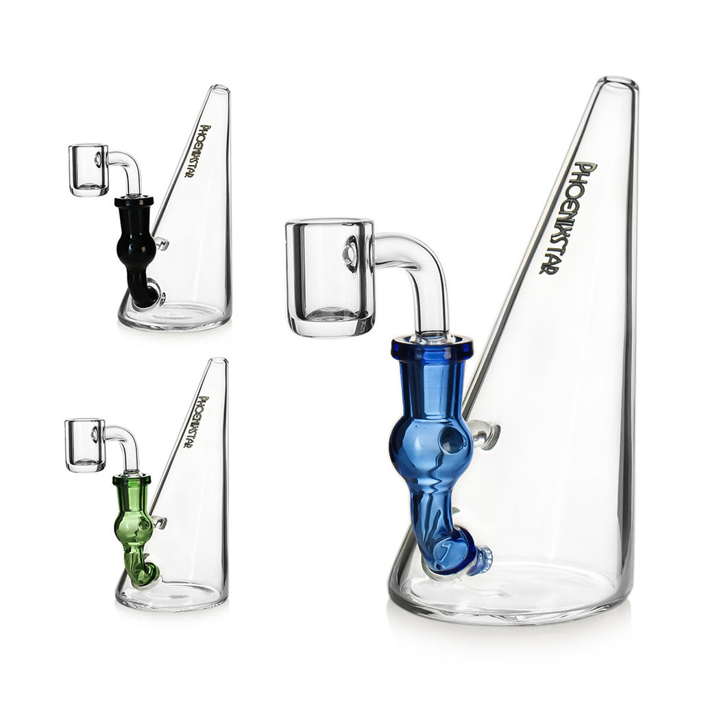 Phoenix Star 6 inch slanted cone base mini dab rig with various color accent stem at FGC