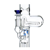 Phoenix Star dual percolator beaker bong with blue accents, inline perc, 6 arm tree perc, and ice catcher perc view