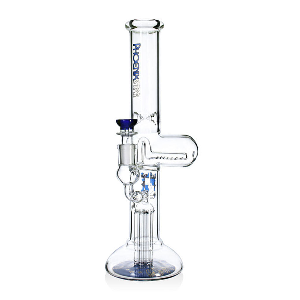 Phoenix Star dual percolator beaker bong with blue accents, inline perc, 6 arm tree perc, and ice catcher at FGC