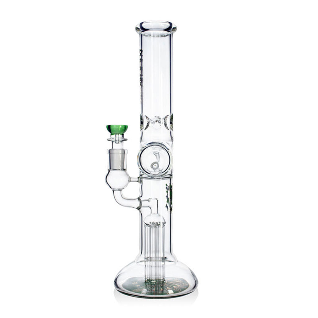 Phoenix Star dual percolator beaker bong with green accents, inline perc, 6 arm tree perc, and ice catcher at FGC