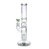 Phoenix Star dual percolator beaker bong with green accents, inline perc, 6 arm tree perc, and ice catcher at FGC