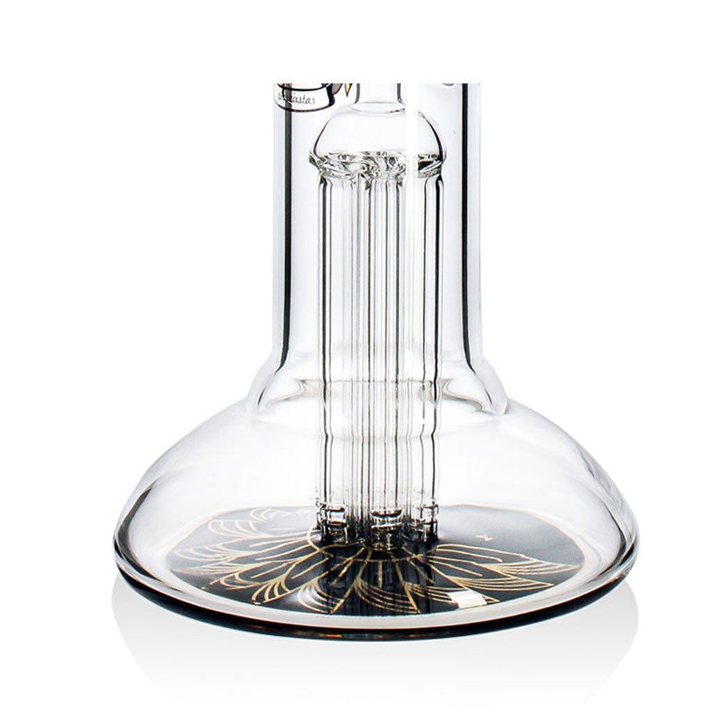 Phoenix Star dual percolator beaker bong, inline perc, 6 arm tree perc, and ice catcher bottom view