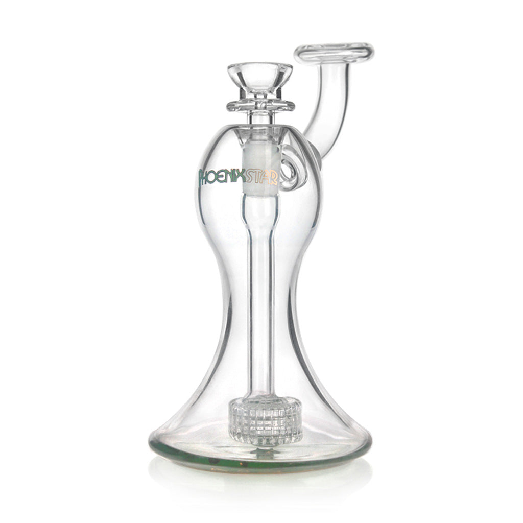 PHX 7 inch hourglass body matrix perc glass mini bubbler with green base accent at Fat Ass Glass