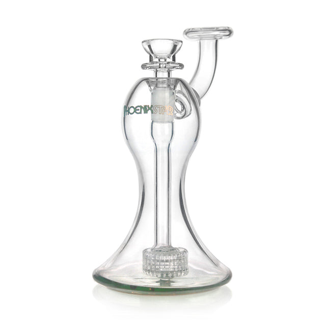 PHX 7 inch hourglass body matrix perc glass mini bubbler with green base accent at Fat Ass Glass