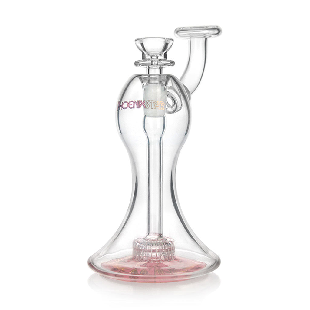 PHX 7 inch hourglass body matrix perc glass mini bubbler with pink base accent at Fat Ass Glass