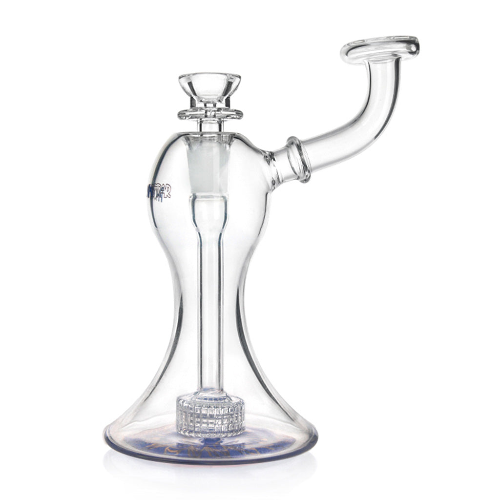 PHX 7 inch hourglass body matrix perc glass mini bubbler with blue base accent full mouthpiece view