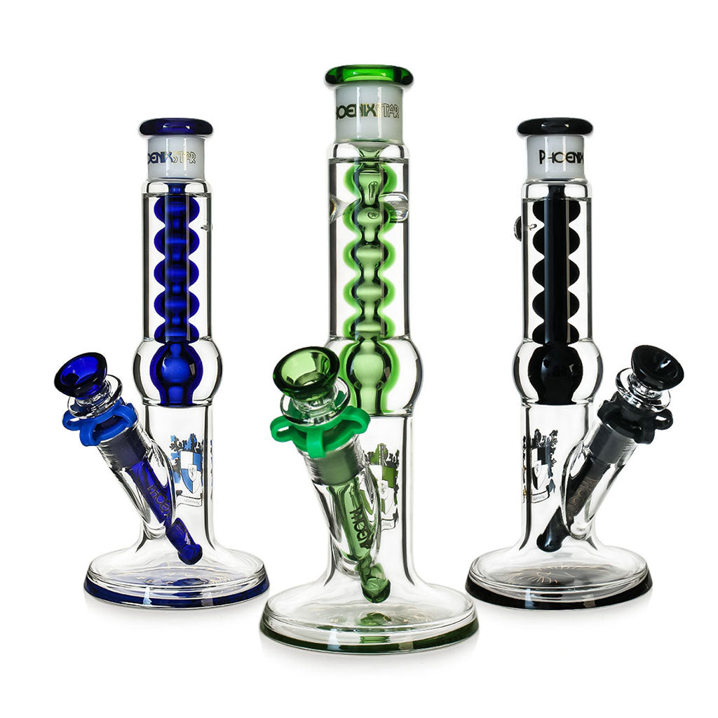 Lineup of PHX Star 10 inch freezable glycerin straight tube bongs in blue green and black