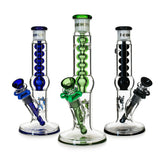 Lineup of PHX Star 10 inch freezable glycerin straight tube bongs in blue green and black