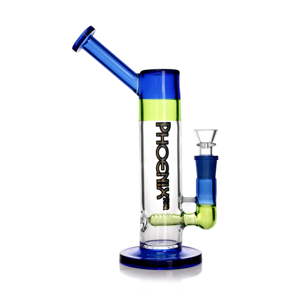 PHX Tube Sidecar Inline Diffuser Perc Glass Bong in blue color with a clear glass bowl