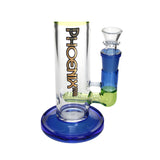Base and lower joint detail of PHX Tube Sidecar Inline Diffuser Perc Glass Bong in blue color with green perc section