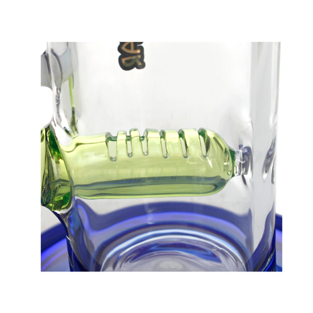 Close-up of inline diffuser green perc on PHX Tube Sidecar Inline Diffuser Perc Glass Bong on blue base