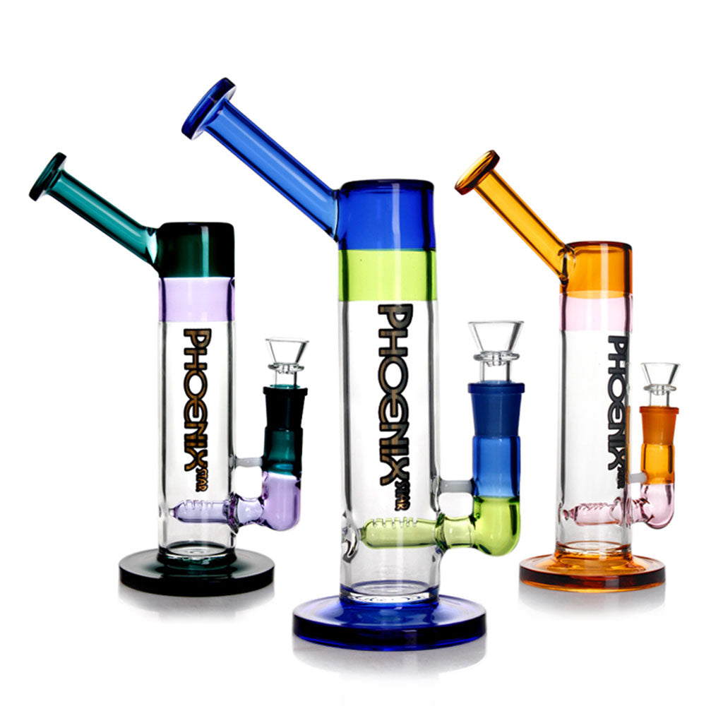 Three PHX Tube Sidecar Inline Diffuser Perc Glass Bongs showing blue, aqua, and brown color variations side by side 