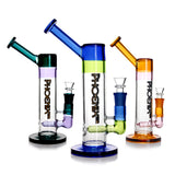 Three PHX Tube Sidecar Inline Diffuser Perc Glass Bongs showing blue, aqua, and brown color variations side by side 