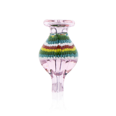 Fat Ass Glass pink glass carb cap with artistic multi-colored bead design shown upright on white background