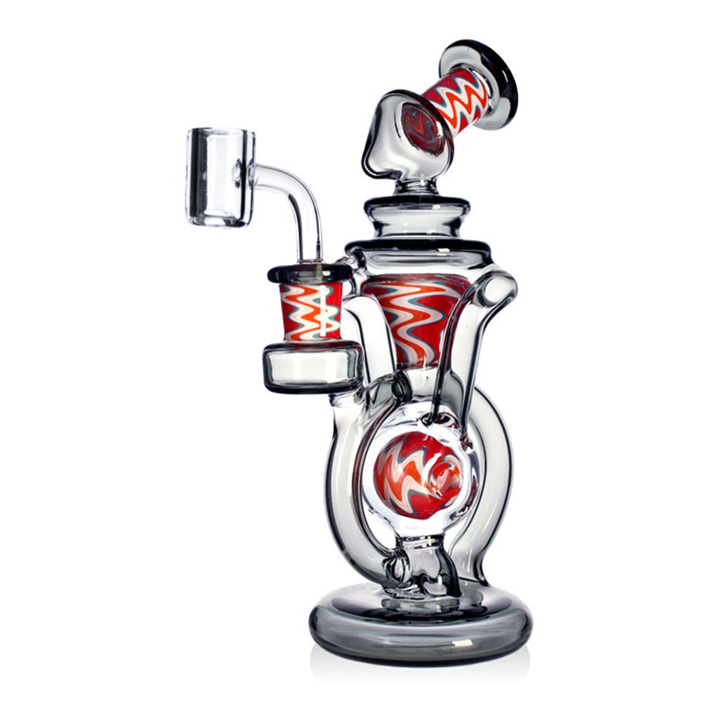 Black Wig Wag Orb recycler glass rig with 14mm 90 degree quartz banger and wig wag accents on clear glass body