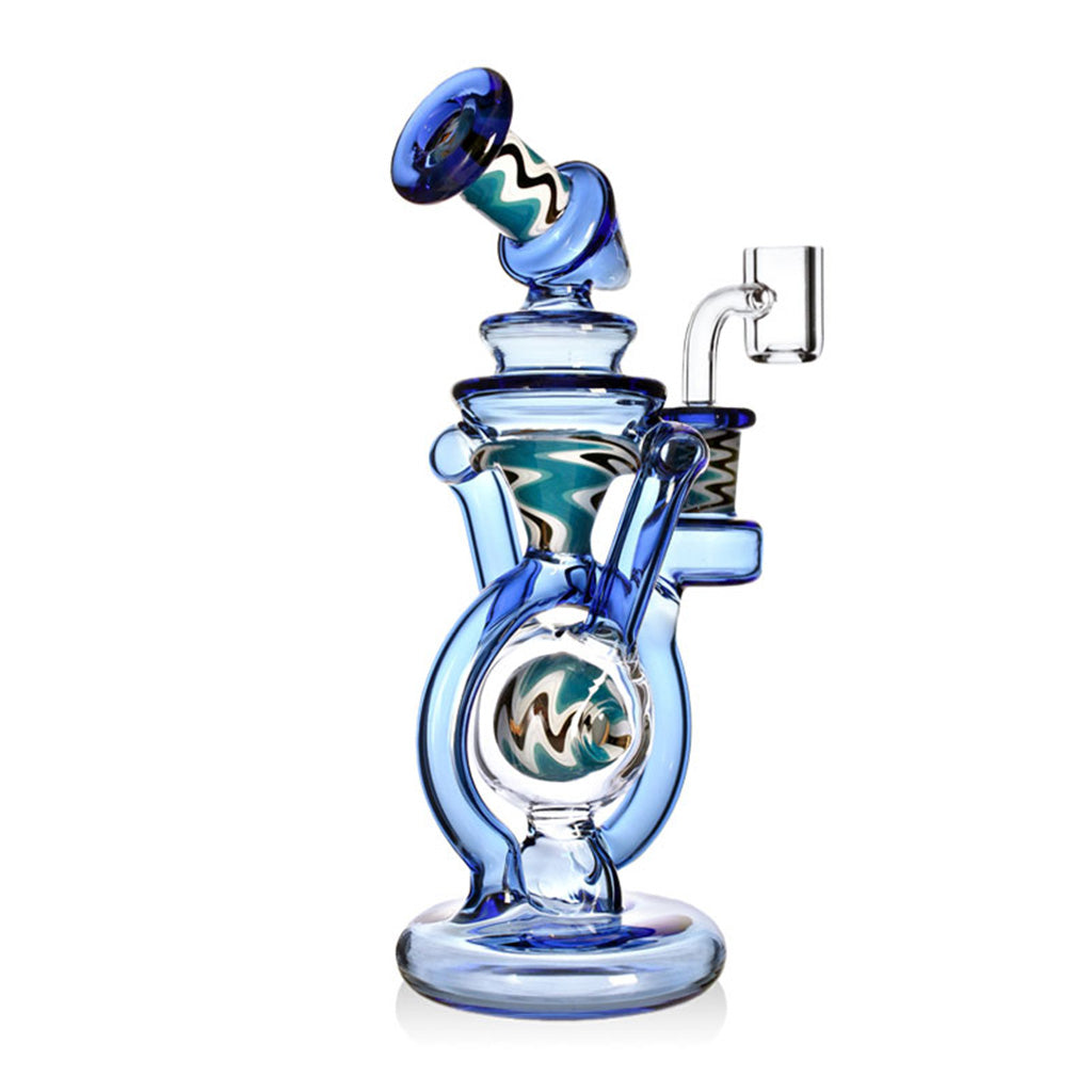 Blue Wig Wag Orb recycler glass rig with 14mm 90 degree quartz banger and wig wag accents on clear glass body