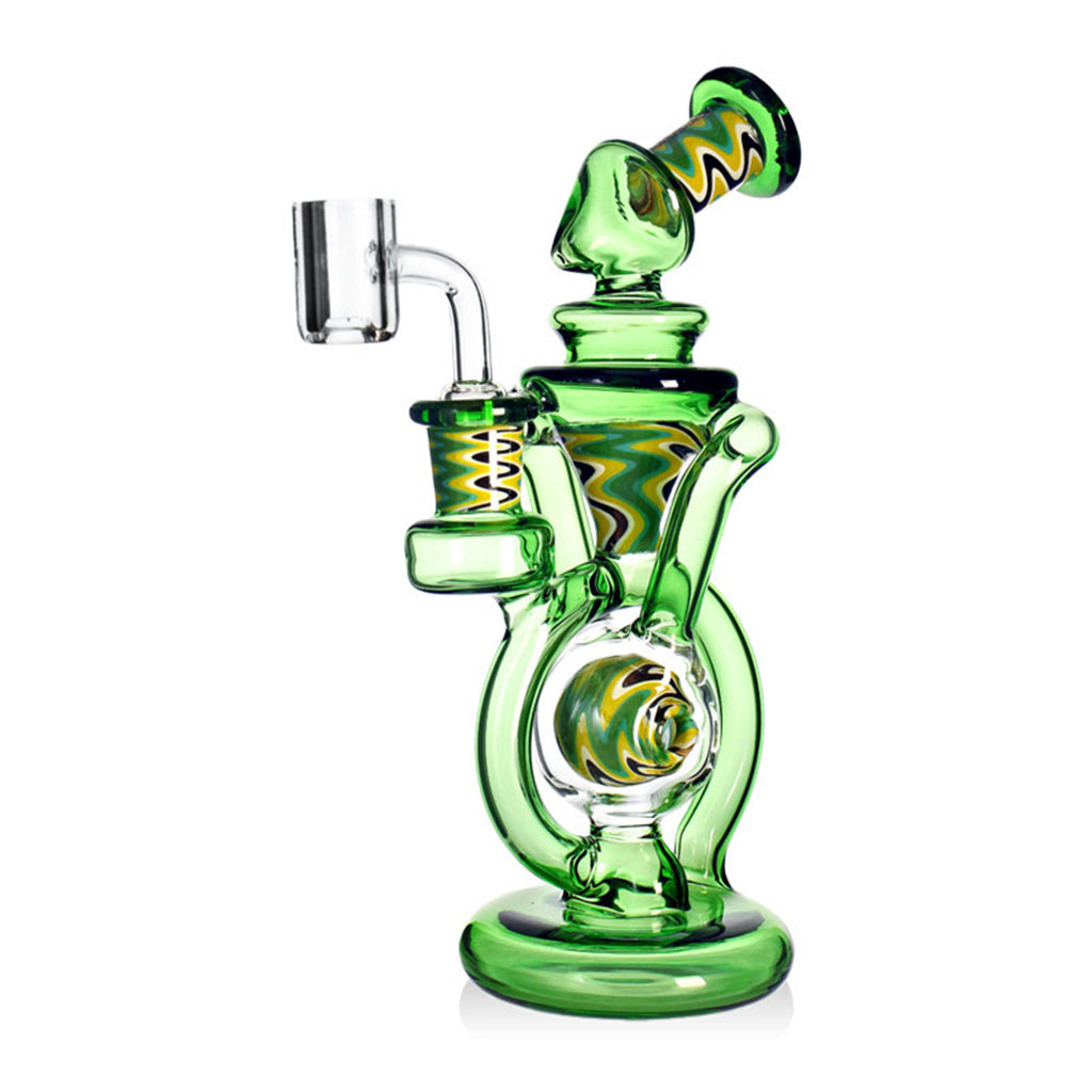 Green Wig Wag Orb recycler glass rig with 14mm 90 degree quartz banger and wig wag accents on clear glass body