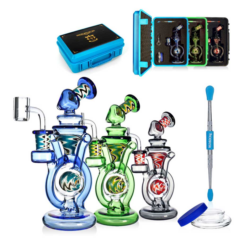 Various Color Wig Wag Orb recycler glass rig with 14mm 90 degree quartz banger and wig wag accents set