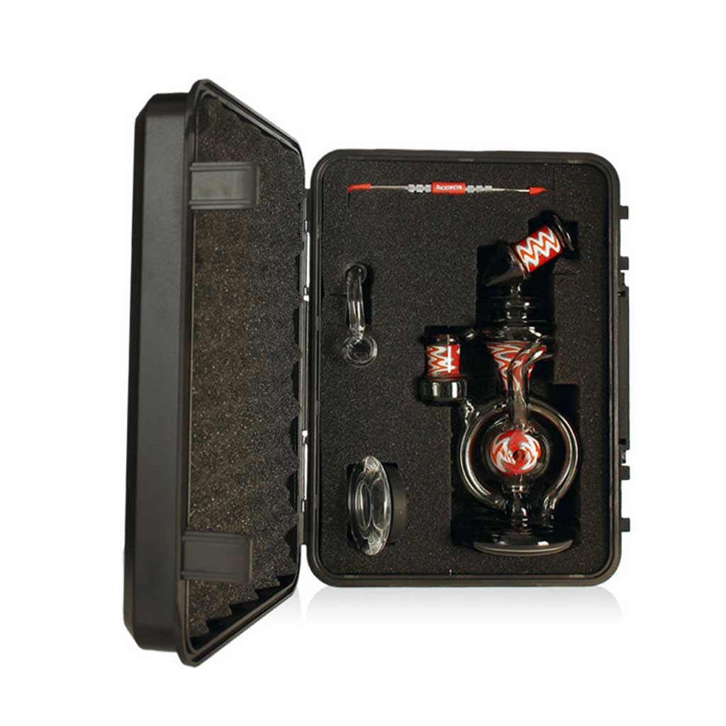 Black Wig Wag Orb recycler glass rig set in a gift case with 14mm quartz banger, dabber & glass jar with silicone cap