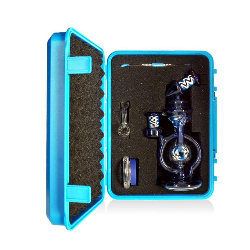 Blue Wig Wag Orb recycler glass rig set in a gift case with 14mm quartz banger, dabber & glass jar with silicone cap