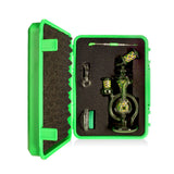 Green Wig Wag Orb recycler glass rig set in a gift case with 14mm quartz banger, dabber & glass jar with silicone cap
