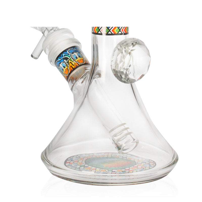 Close-up of 7-inch WigWag Beaker Box Set glass beaker base with colorful patterned decal