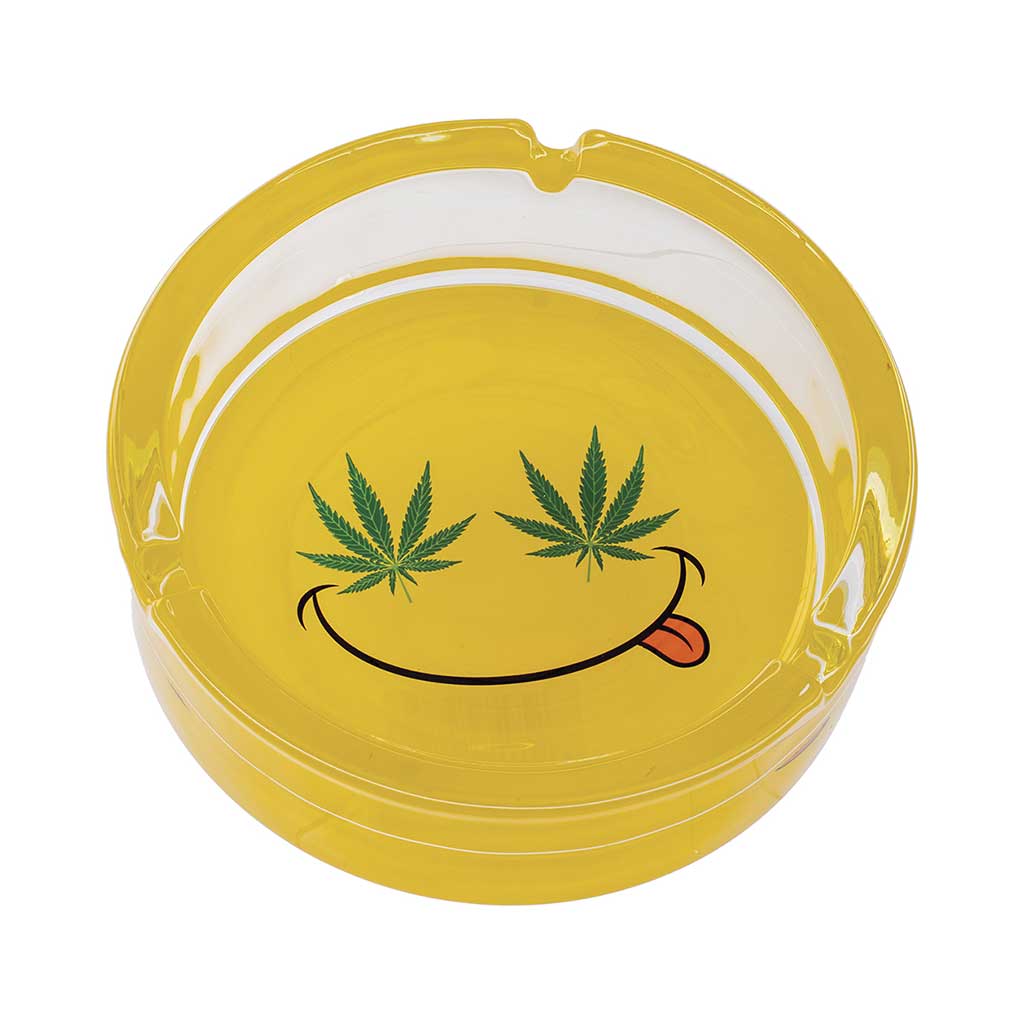 YELLOW SMILEY LEAF GLASS ASHTRAY